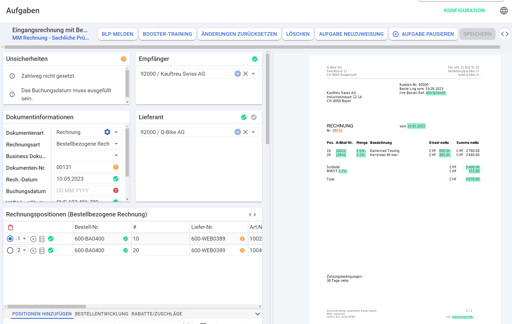 BLP Eingangsrechnung ungeprüft